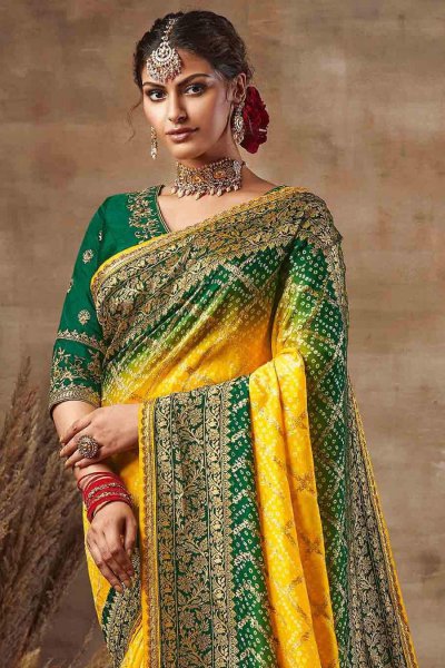 Buy Yellow And Green Bandhani Silk Saree Online Like A Diva