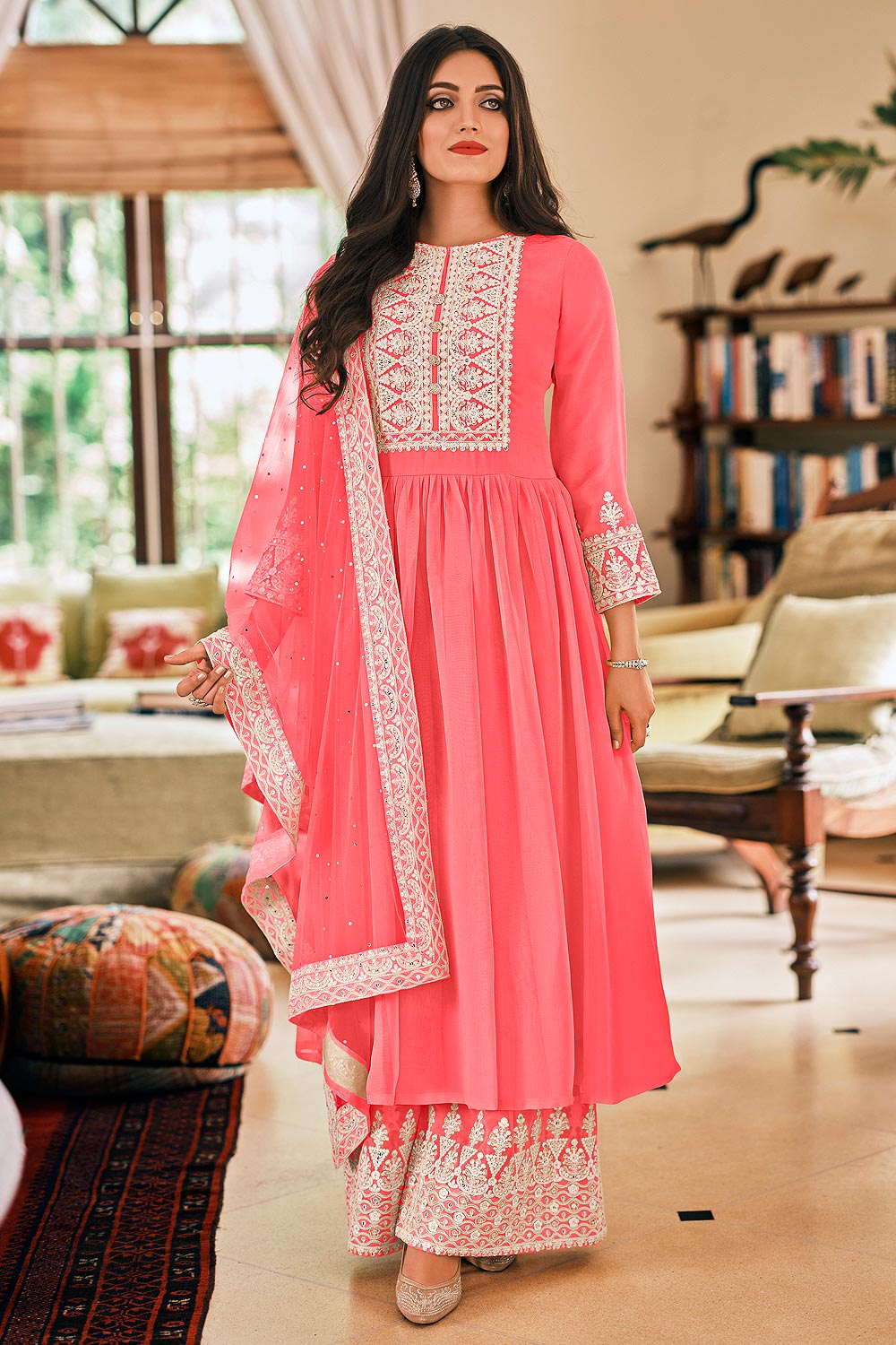 Buy Ready To Wear Bright Salmon Pink Georgette Embellished Anarkali