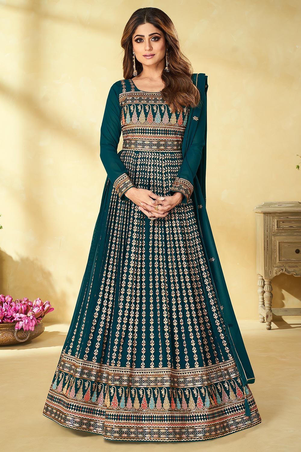 Buy Teal Georgette Embroidered Anarkali Gown Online Like A Diva