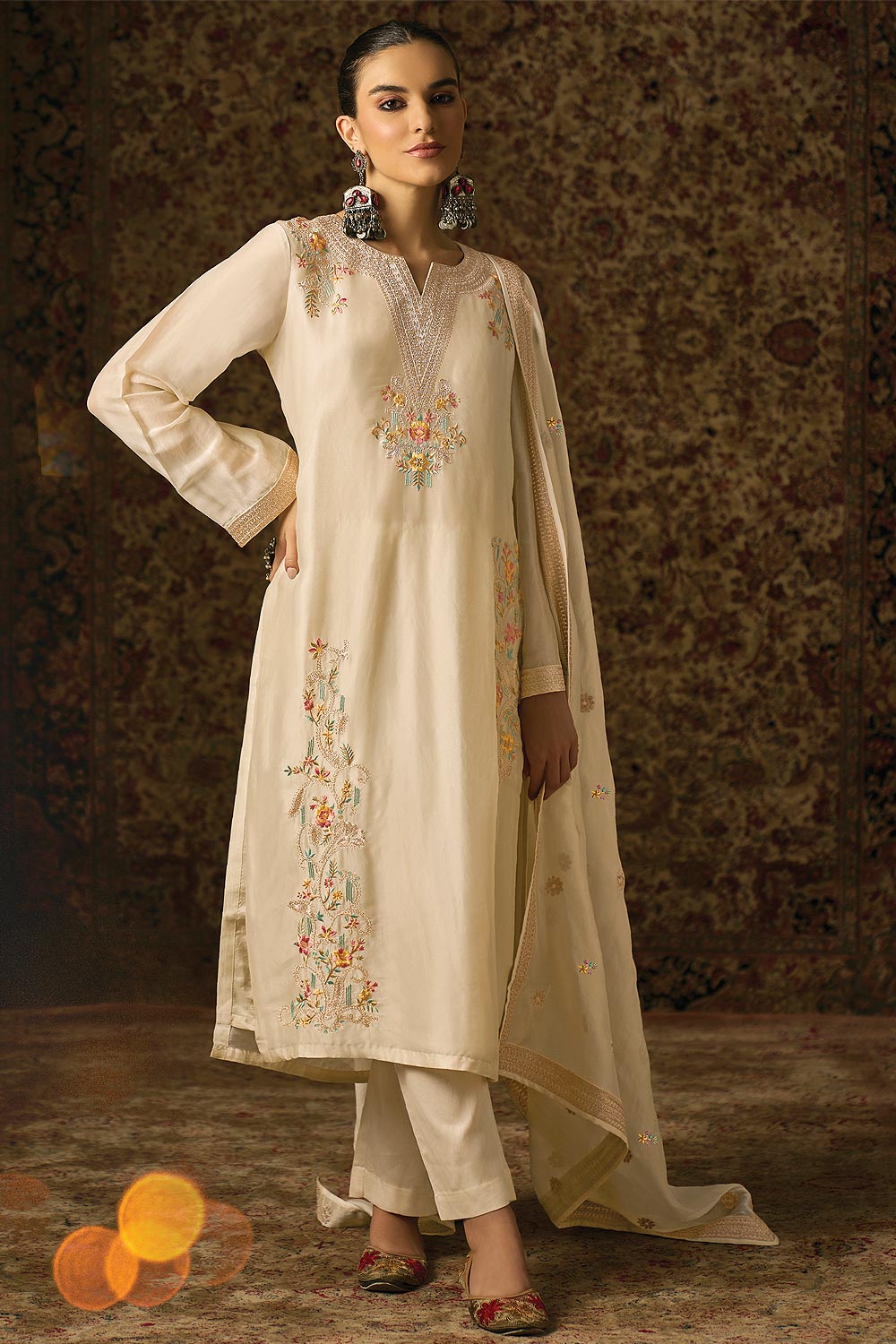 Buy Ready To Wear Ivory Organza Silk Embroidered Kurta Set Online