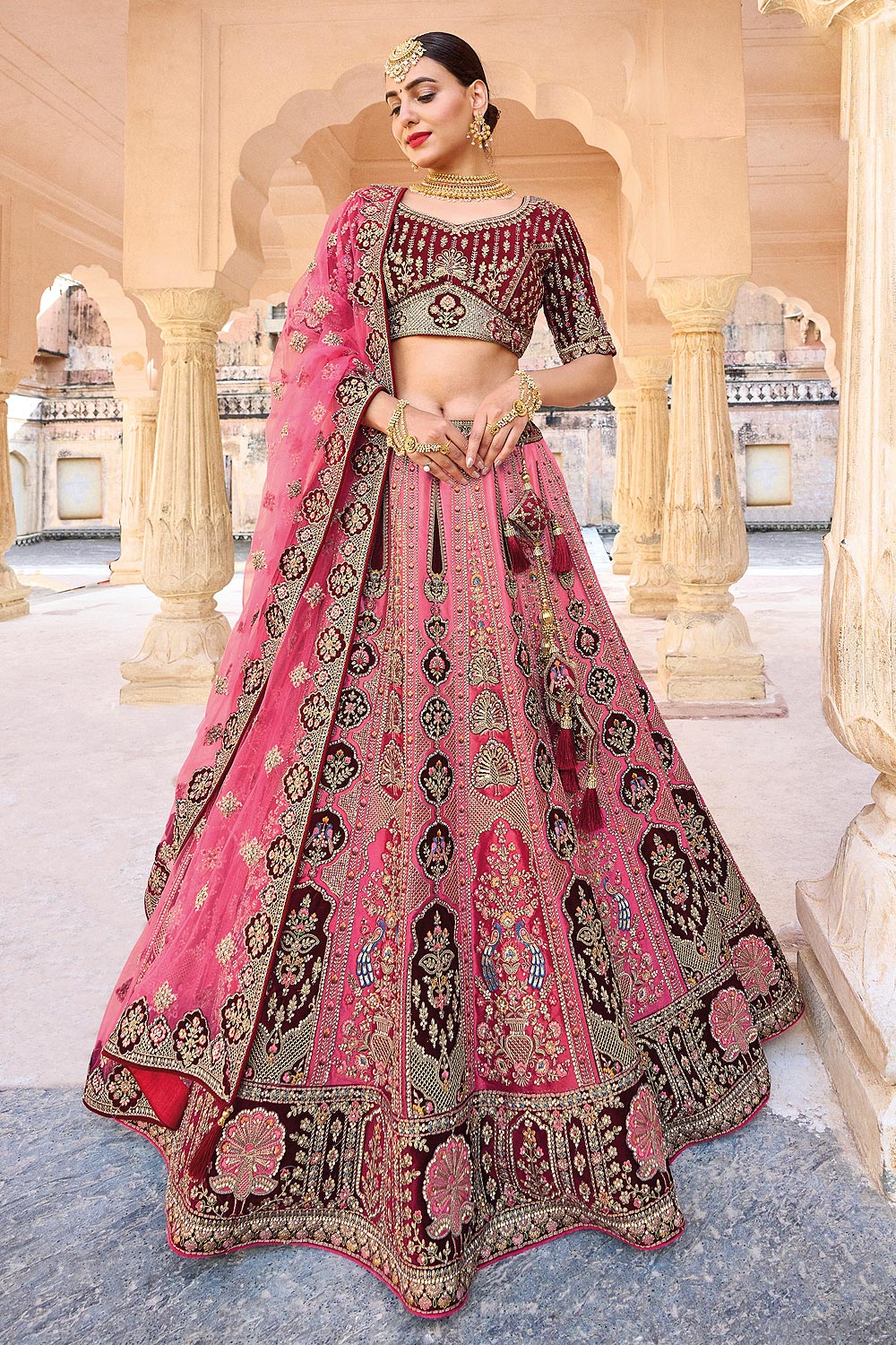 Buy Peachy Pink Maroon Banarasi Silk Embroidered Lehenga Choli Set