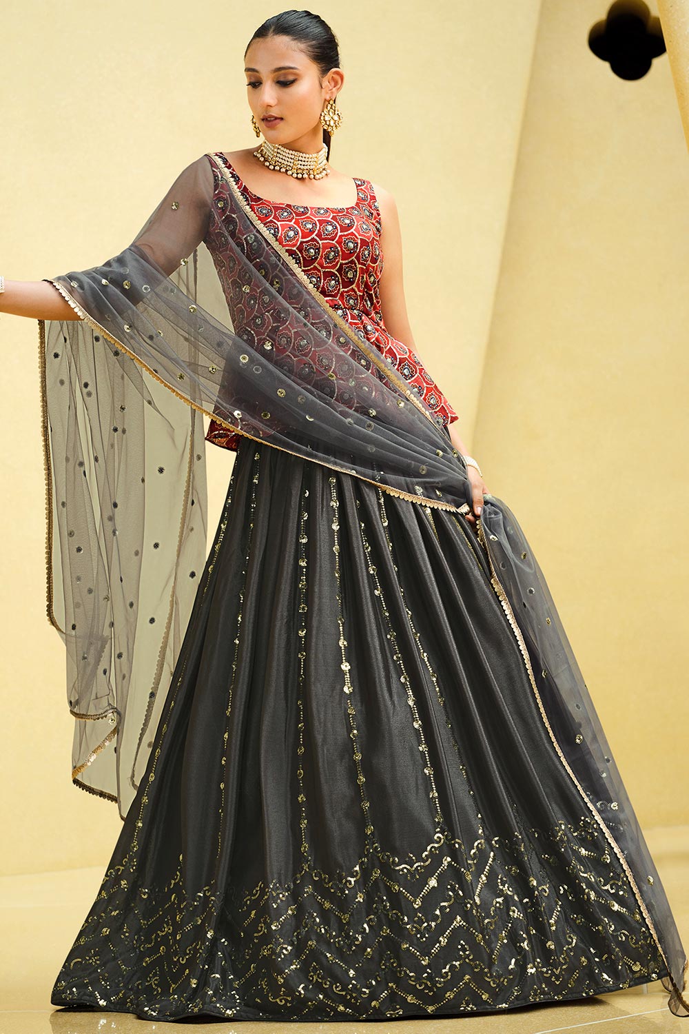 Buy Charcoal Grey Chinon Silk Lehenga Set Online Like A Diva