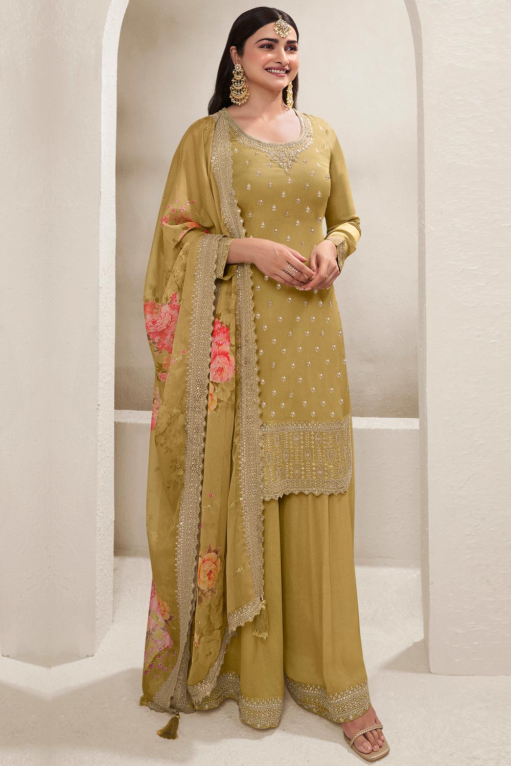 Buy Mustard Gold Chinon Silk Embroidered Sharara Kurta Set Online