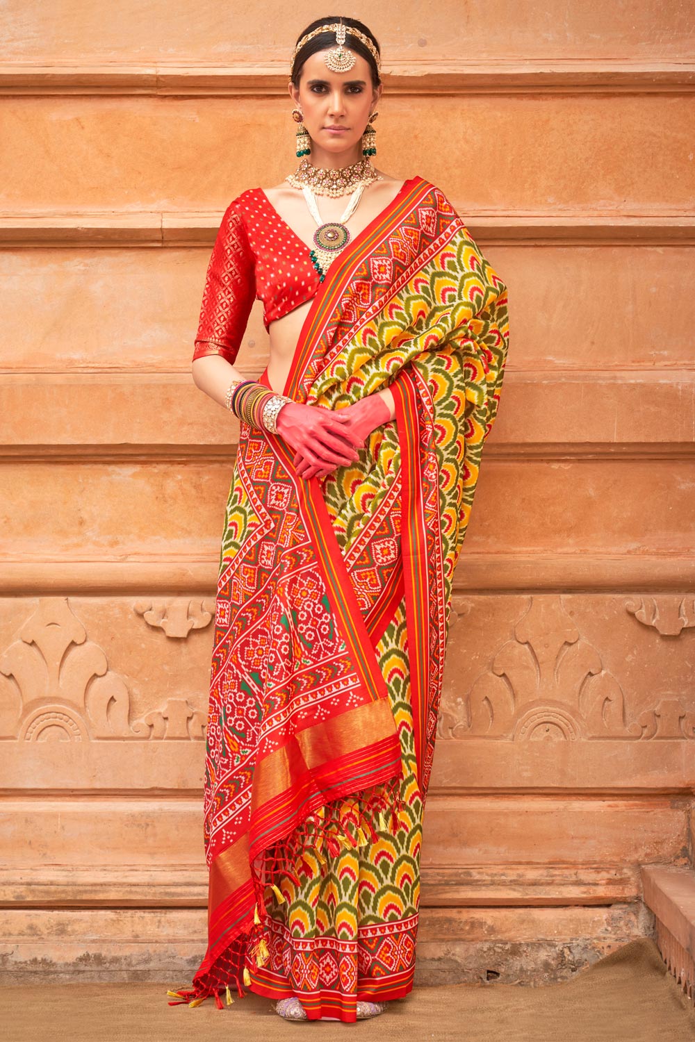 Buy Mustard Red Patola Print Silk Saree Online Like A Diva