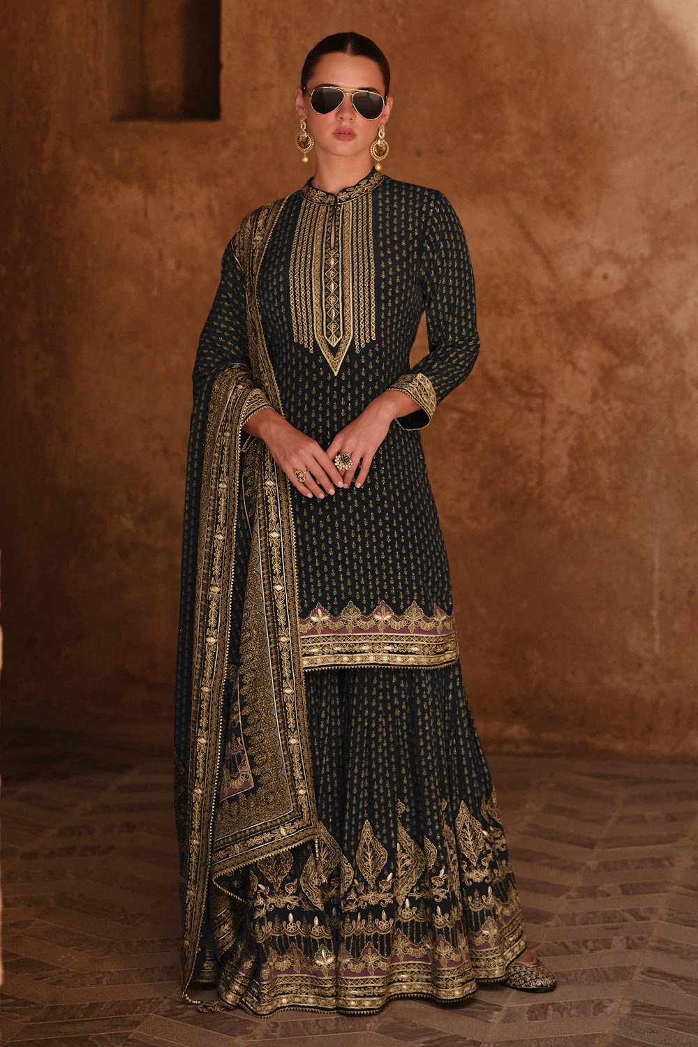 Buy Black Crepe Silk Embroidered Sharara Kurta Set Online Like A Diva