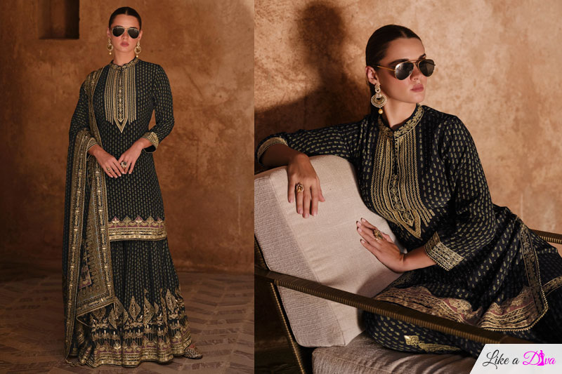 Black Crepe Silk Embroidered Sharara Kurta Set