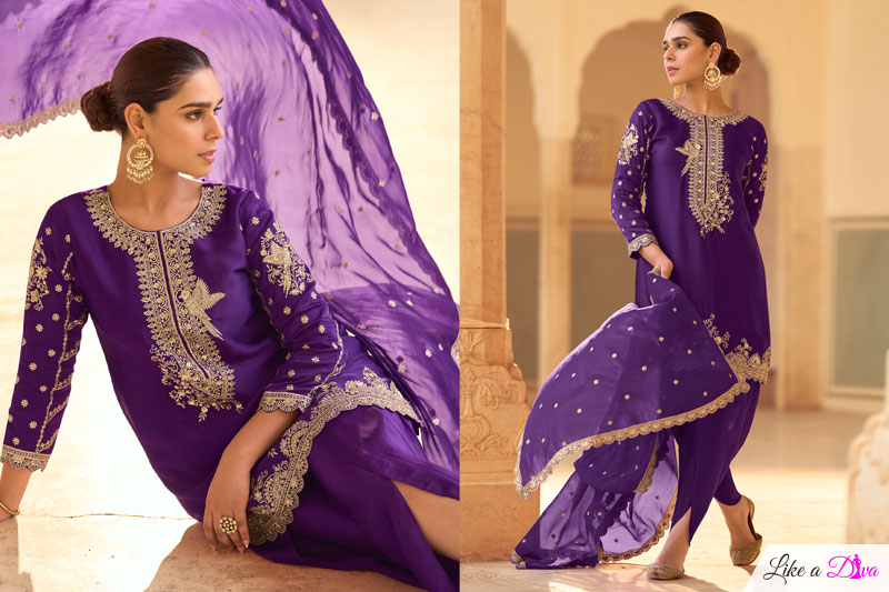 Violet Crepe Silk Embroidered Kurta Set With Dhoti Pants