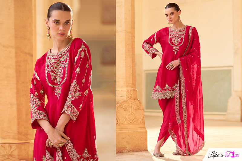 Red Crepe Silk Embroidered Kurta Set With Dhoti Pants