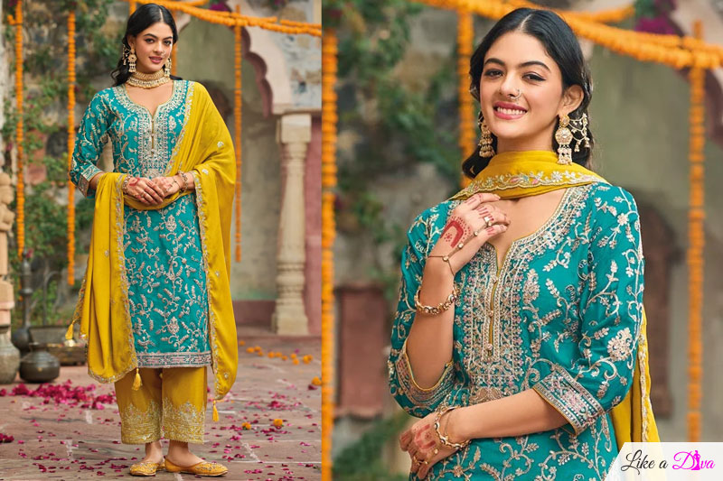 Turquoise & Yellow Chinon Silk Embroidered Kurta Set