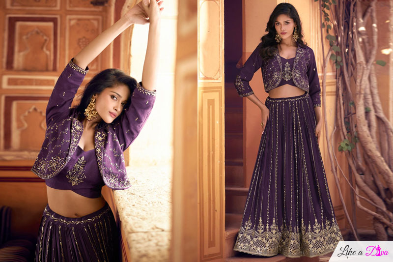 Violet Chinon Silk Embroidered Top & Skirt Set With Jacket