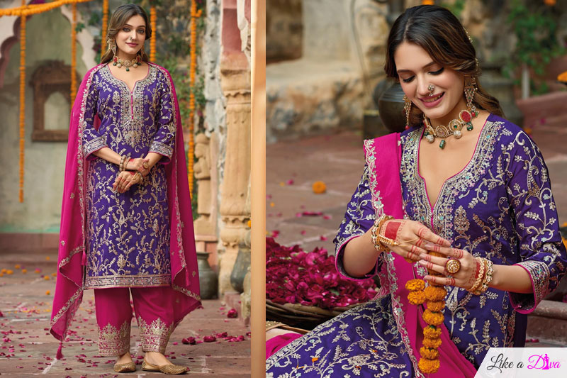 Purple & Magenta Chinon Silk Embroidered Kurta Set