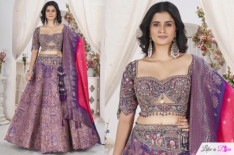 Purple Jacquard Tissue Silk Embroidered Silk Set