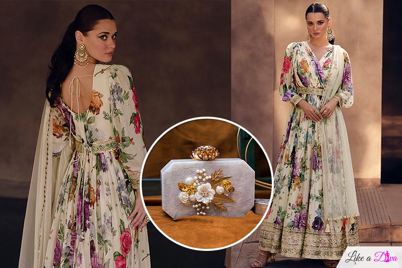 Floral Print Anarkali Dress with Belt