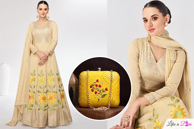 Anarkali Dress Embroidered with Sunflower Motifs