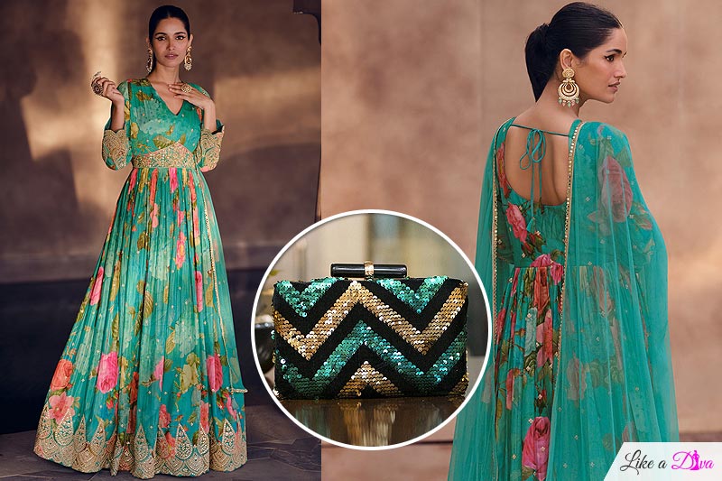 Aqua-Green Embroidered Anarkali Dress