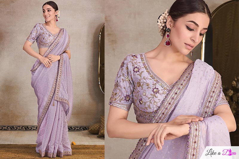 Lilac Jacquard Organza Silk Embroidered Saree