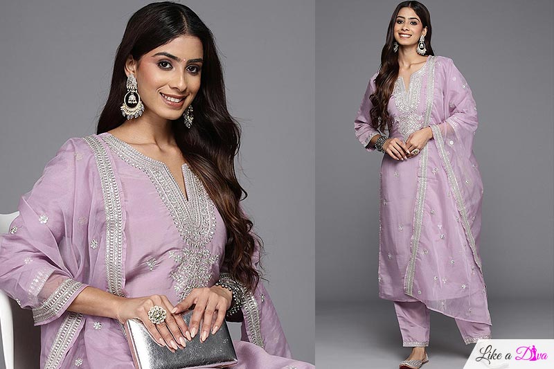 Lilac Chanderi Silk Embroidered Kurta Set