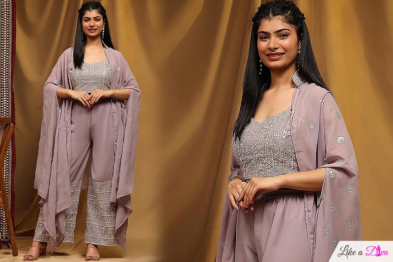 Lilac Georgette Embroidered Indo-western 3 Piece Attire