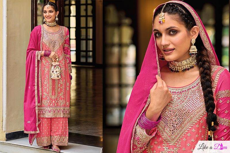 Ready To Wear Coral & Pink Chinon Embroidered Kurta Set