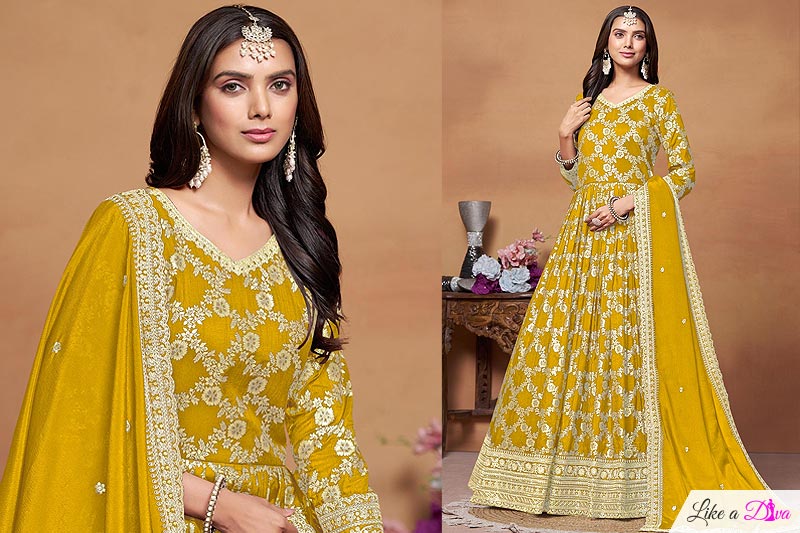 Yellow Jacquard Silk Embroidered Anarkali Suit