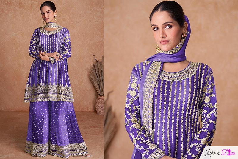 Purple Chinon Silk Embroidered Sharara Kurta Set