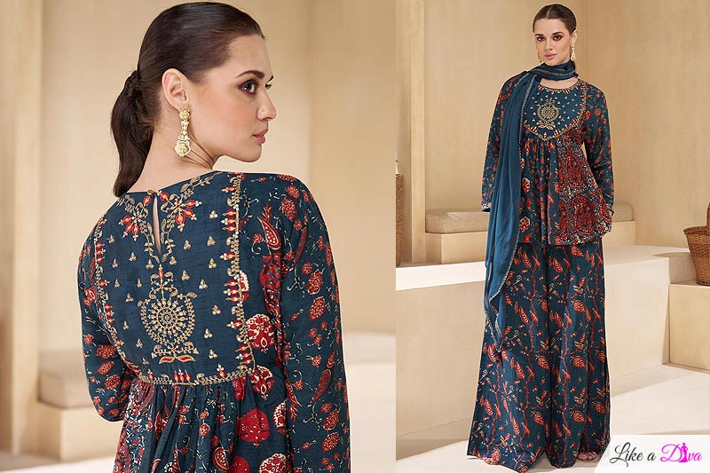 Prussian Blue Crepe Silk Bagru Printed & Embroidered Co-ord Set With Dupatta