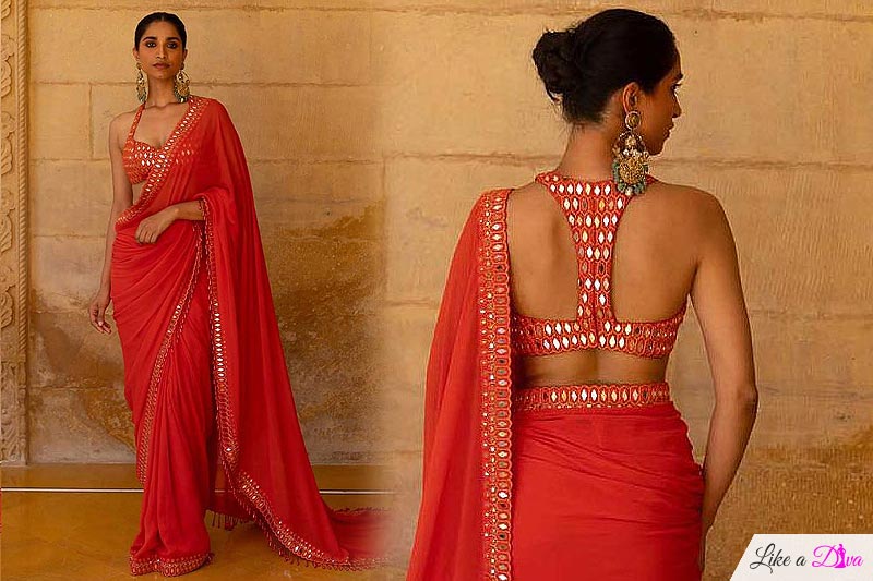 Red Georgette Embroidered Bordered Designer Saree