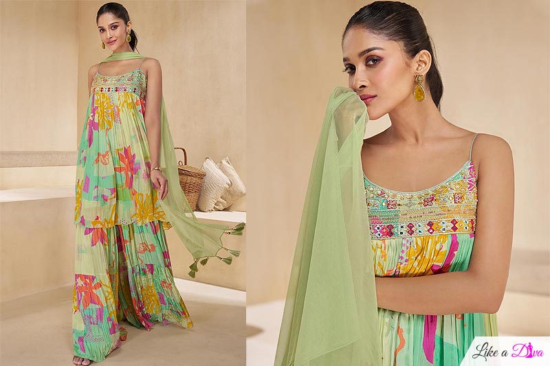 Pastel Green & Multicolor Chinon Silk Printed & Embroidered Indo-western Sharara Kurta Set