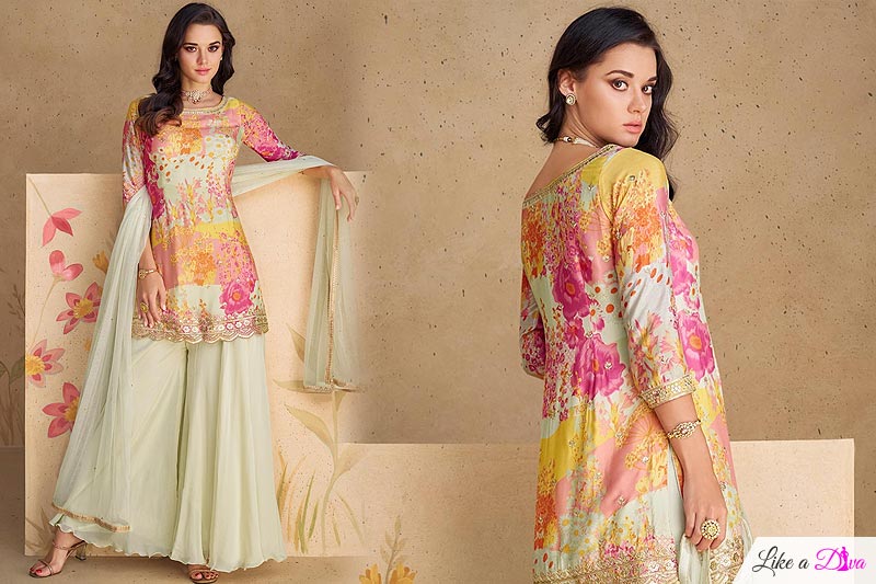 Ivory & Multicolor Chinon Silk Printed & Embroidered Sharara Kurta Set