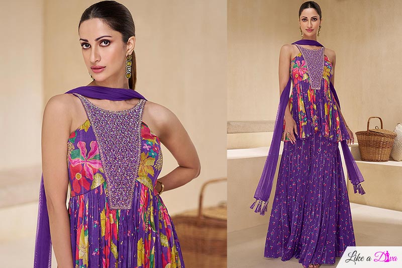 Purple & Multicolor Chinon Silk Printed & Embroidered Indo-western Sharara Kurta