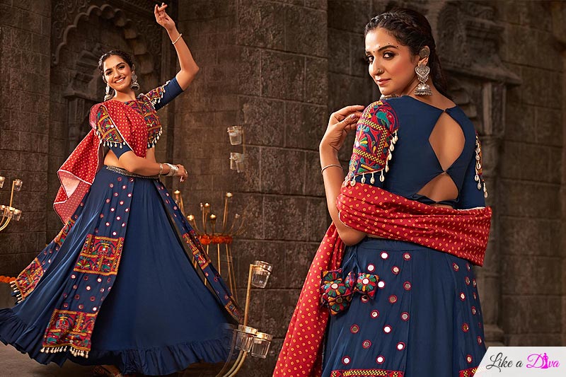 Prussian Blue Embroidered Rayon Lehenga Set For Navratri