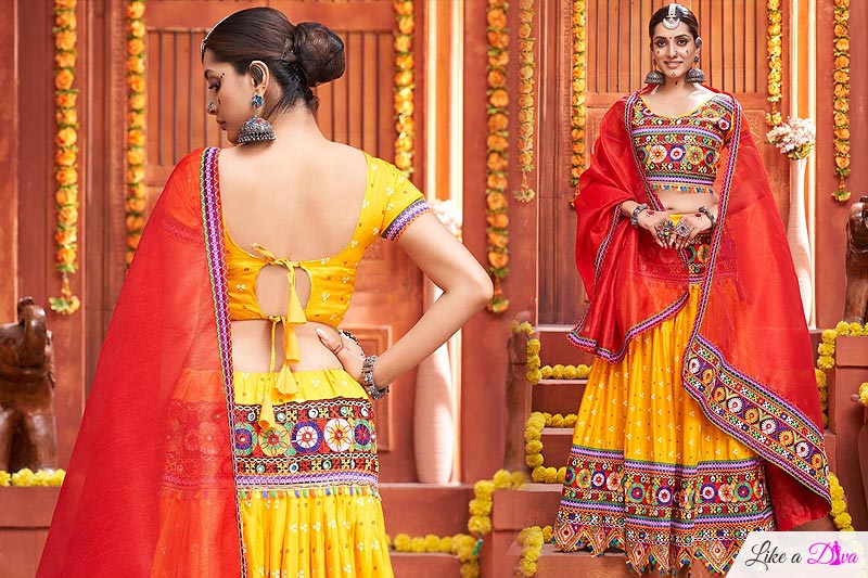 Yellow Bandhej Printed Silk-cotton Embroidered Lehenga Choli Set For Navratri