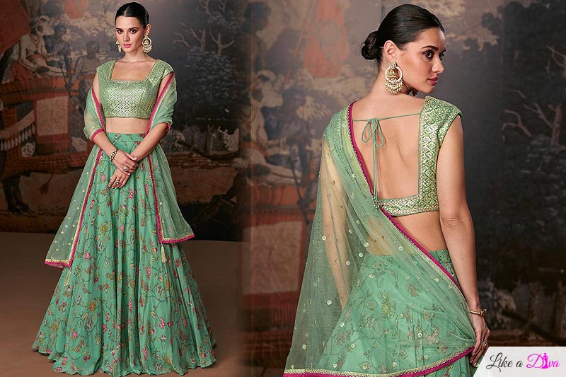 Green Organza Silk Floral & Embroidered Lehenga Set