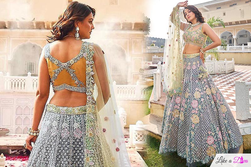 Grey & Lemon Yellow Net Embroidered Lehenga Set