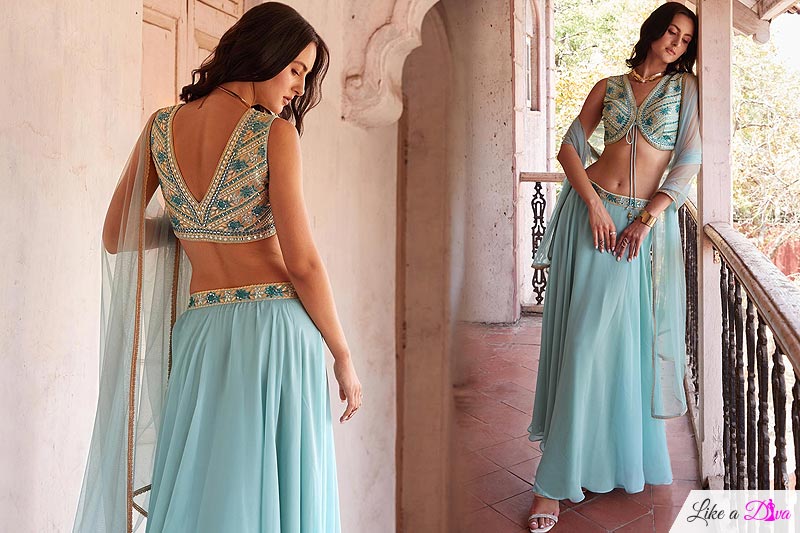 Sky Blue Georgette Embroidered Indo-western Lehenga Set