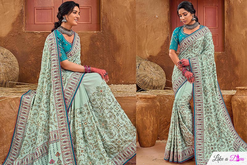 Mint Blue Kutchi Work Banarasi Silk Embroidered Saree