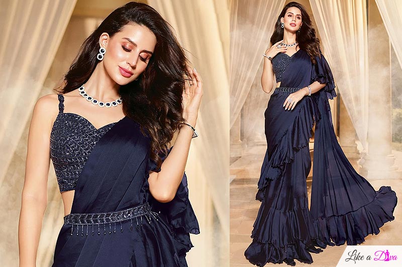 Quick Wear Navy Blue Satin Pre-draped Indo-western Saree With Belt