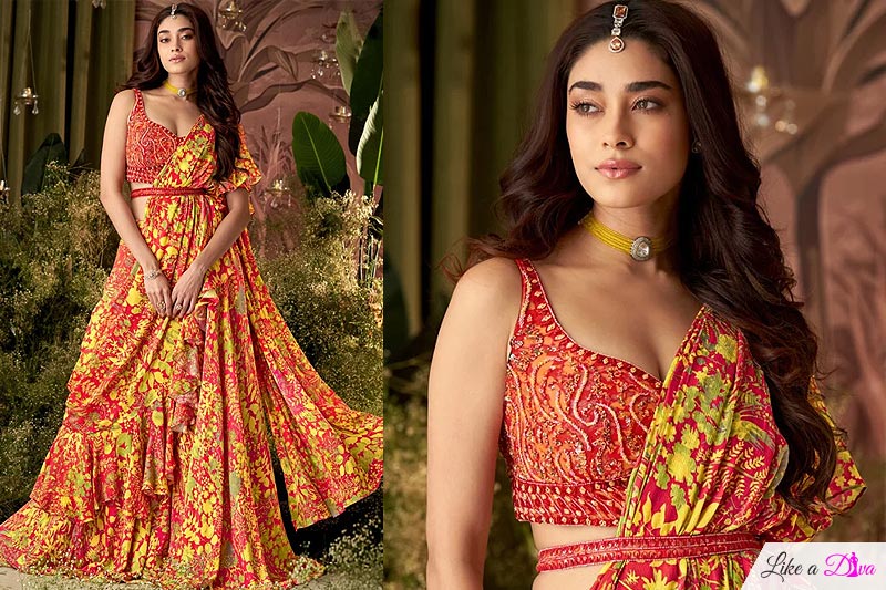 Yellow & Red Satin Silk Printed Saree Style Fusion Lehenga Set With Belt