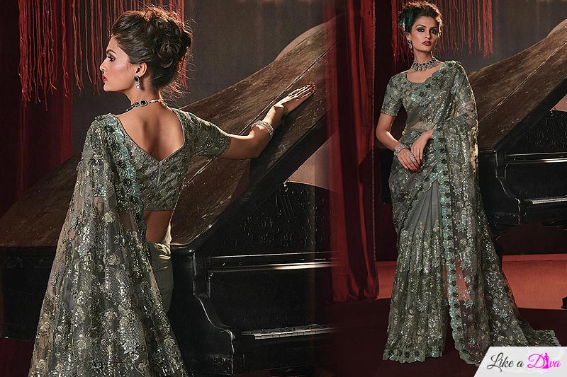 Deep Forest Green Net 3d Flower Embellished & Embroidered Designer Saree