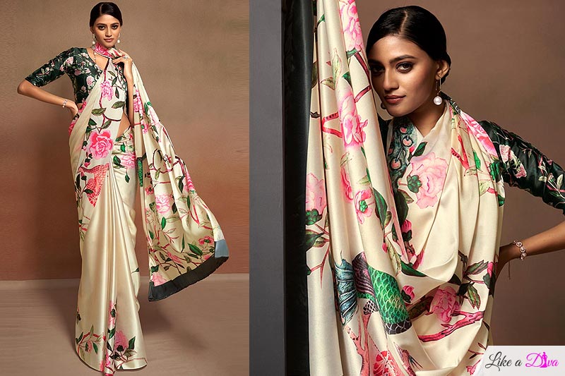 Vanilla Satin Crepe Printed Saree