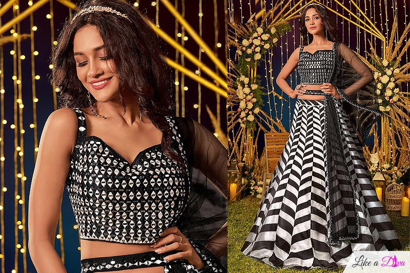 Black & White Designer Embellished Organza Lehenga Set