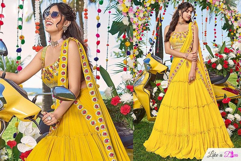 Yellow Georgette Embroidered Indo-western Lehenga Set