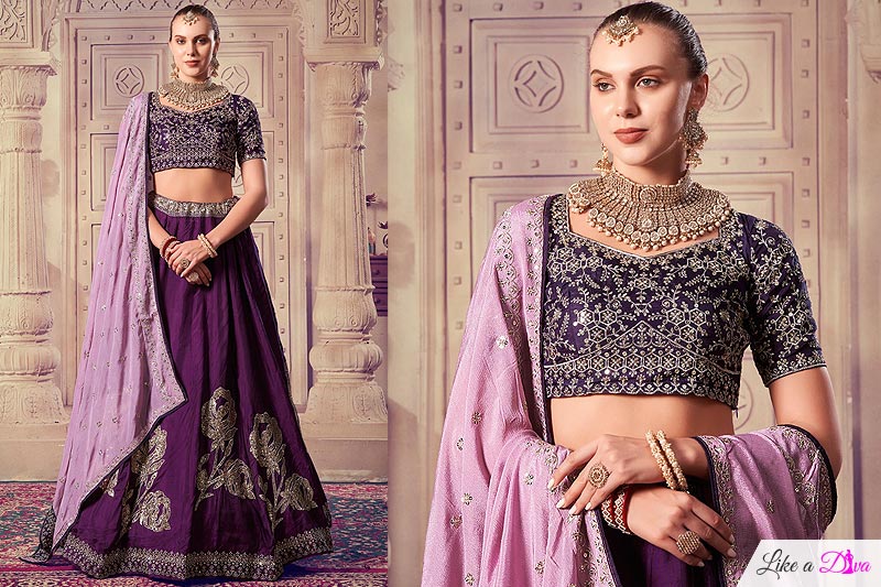 Violet Silk Embroidered Lehenga Set