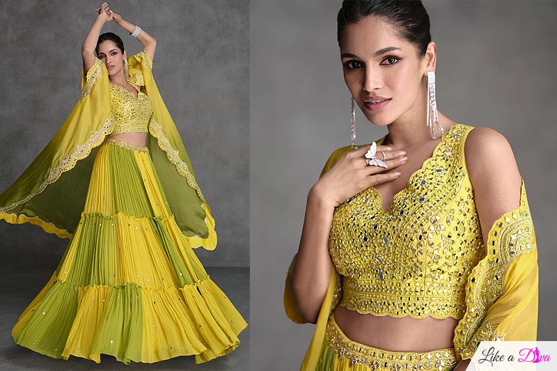 Sunflower Yellow & Green Organza Silk Embroidered Indowestern Lehenga Set