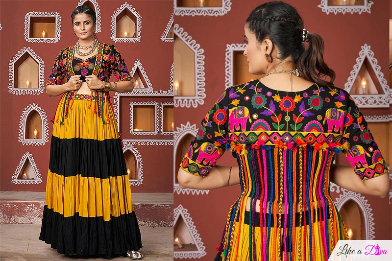 Yellow & Black Rayon Navratri Embroidered Top & Skirt Set With Jacket