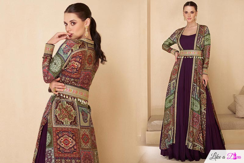 Plum Georgette Anarkali Dress With Printed & Hand Embellished Silk Jacket & Belt