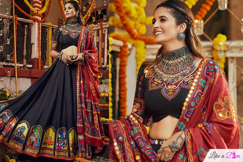 Black Printed & Embellished Cotton Lehenga Set For Navratri