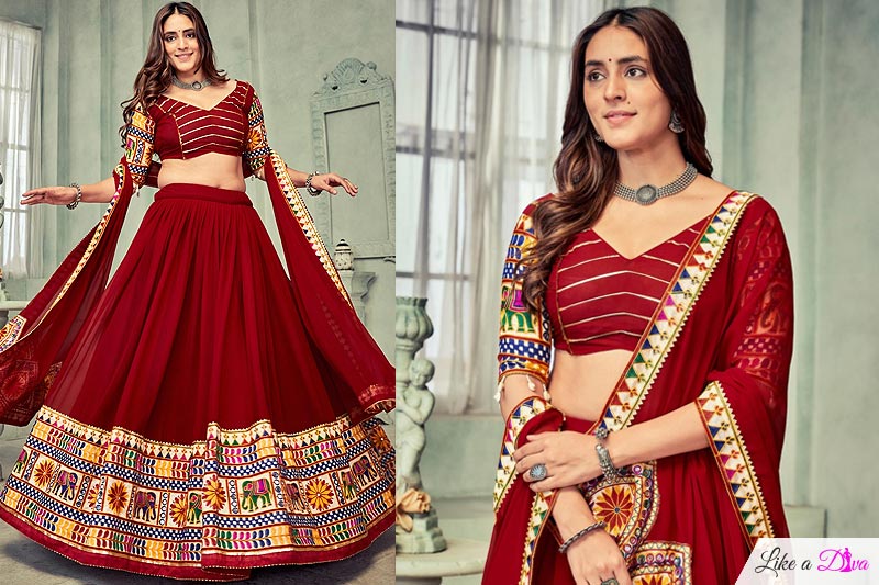 Maroon Georgette Embroidered Navratri Lehenga Set