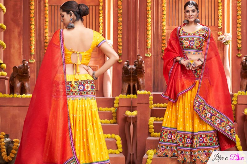 Yellow Bandhej Printed Silk-cotton Embroidered Lehenga Choli Set For Navratri