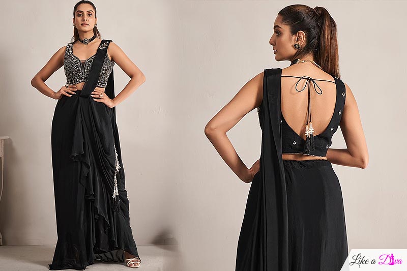 Pre-draped Black Georgette Hand Work Embroidered Saree